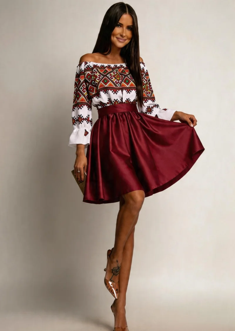 Rochie traditonala midi, din tafta burgundy, cu maneca lunga, Alessa