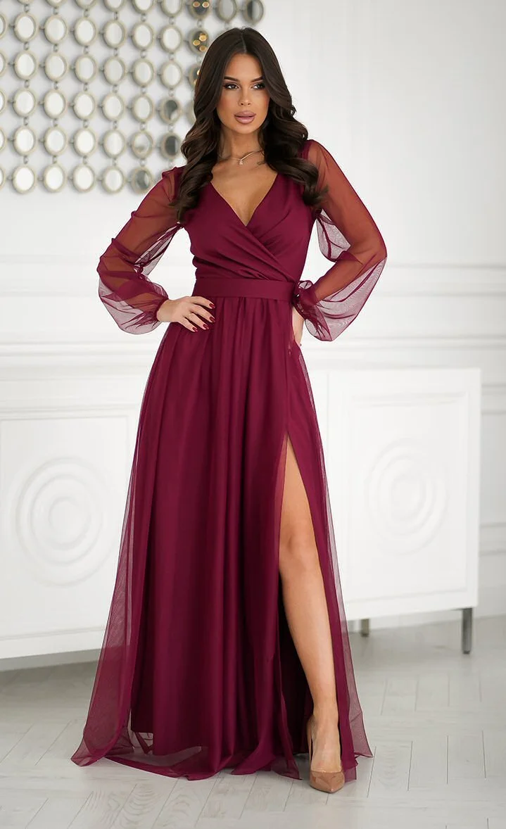 Rochie vaporoasa lunga burgundy din tulle cu maneca lunga SplendorB