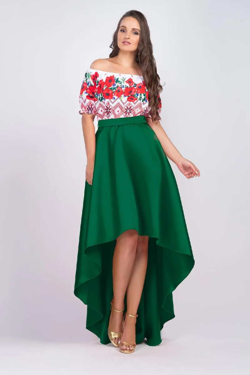 Rochie verde cu motive traditionale cu maci din tafta Byanca