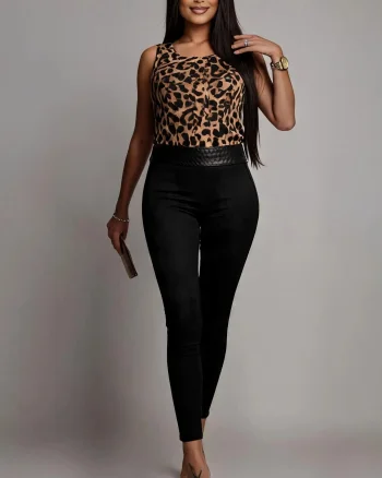 Salopeta eleganta in doua culori leopard si negru Livana