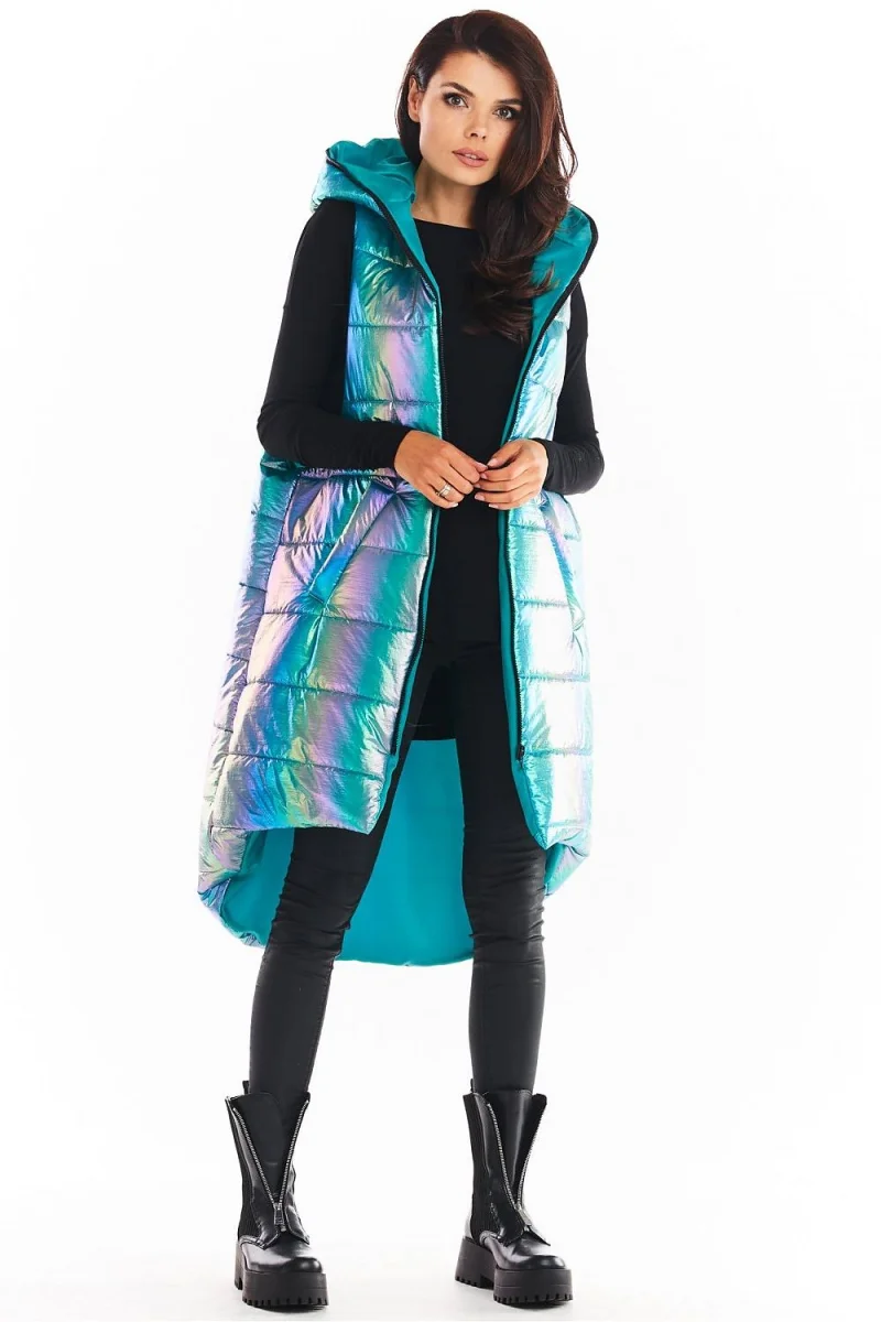 Vesta dama lunga oversize, albastra cu reflexii, asimetrica, cu gluga, Stacy