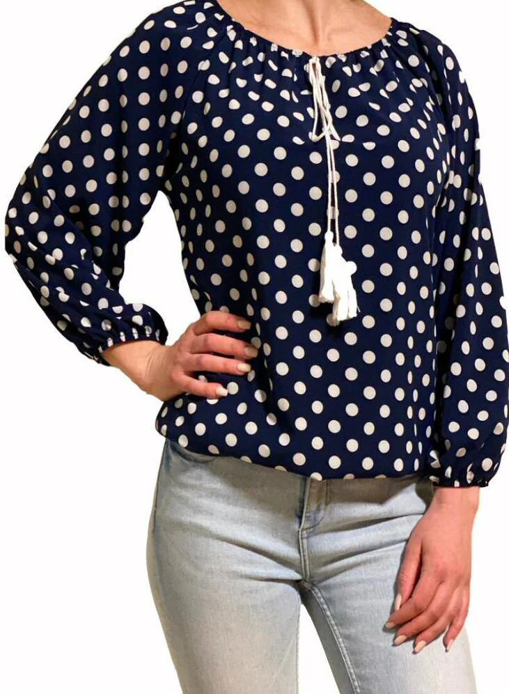 Bluza dama bleumarin cu bulinute albe din voal Brenna