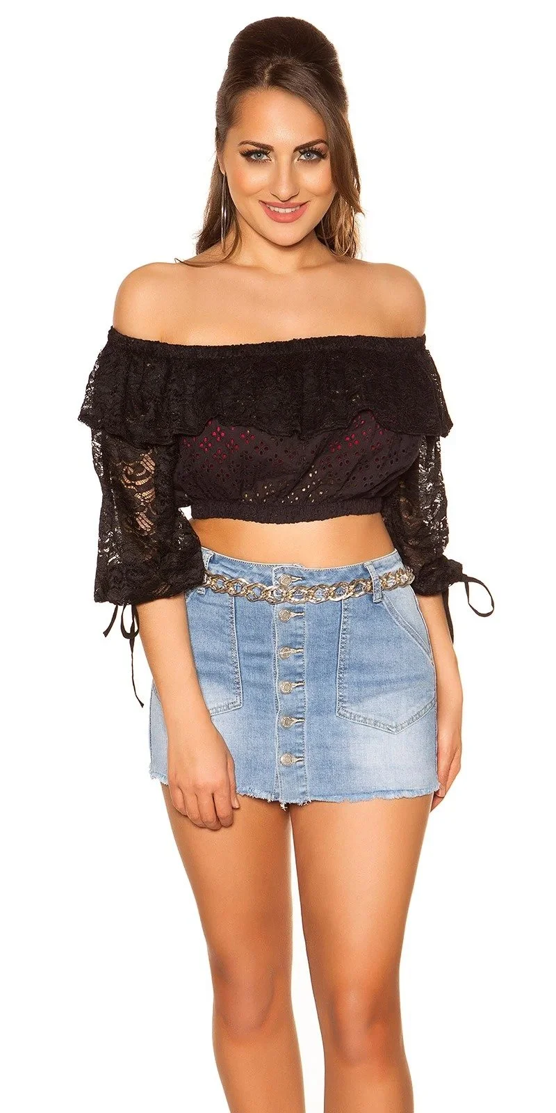 Crop top dama dantela neagra cu umerii goi Kathleen