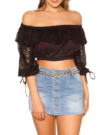 Crop top dama dantela neagra cu umerii goi Kathleen