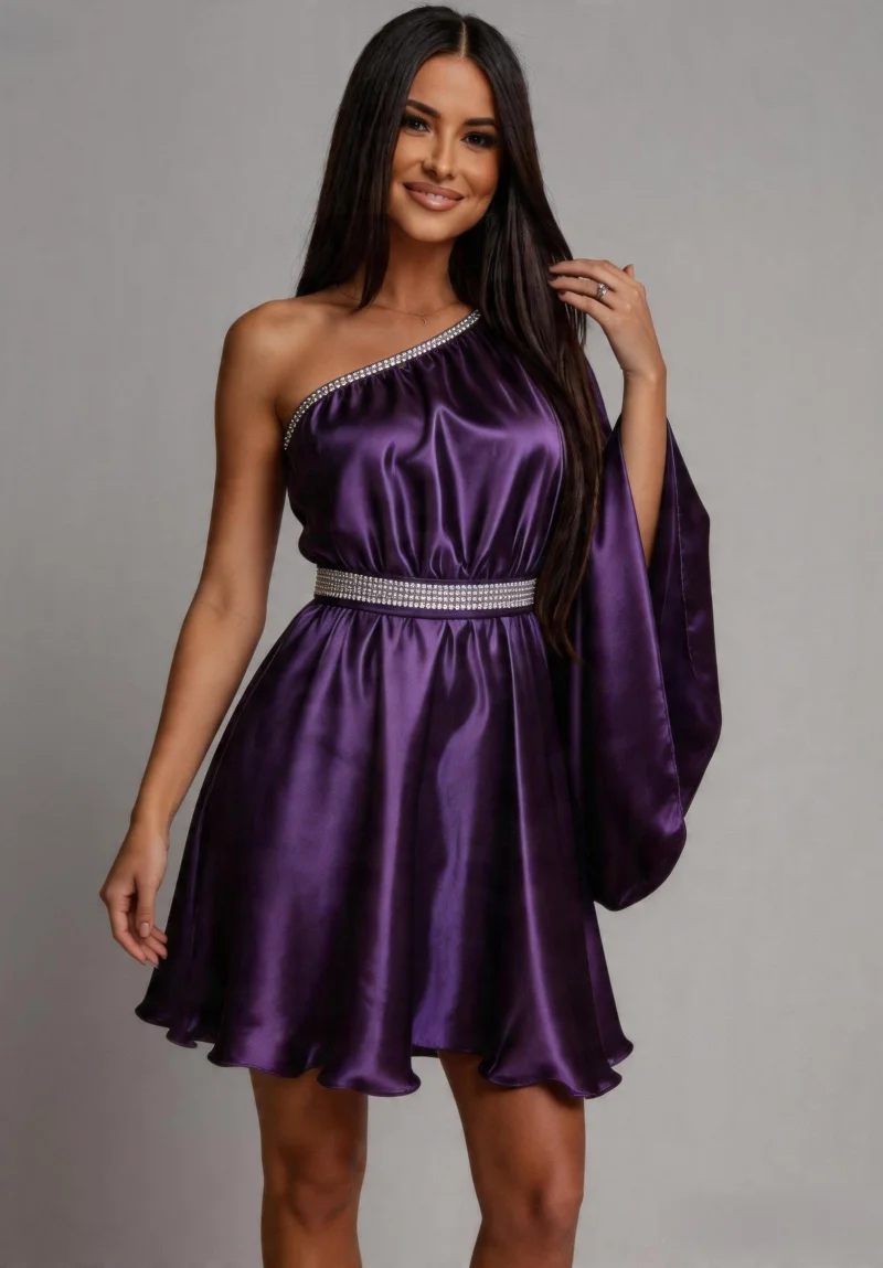 Rochie babydoll din satin mov cu maneca lunga Melike