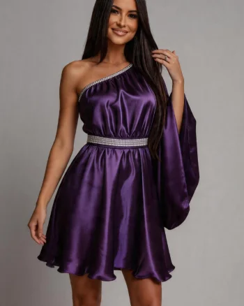 Rochie babydoll din satin mov cu maneca lunga Melike