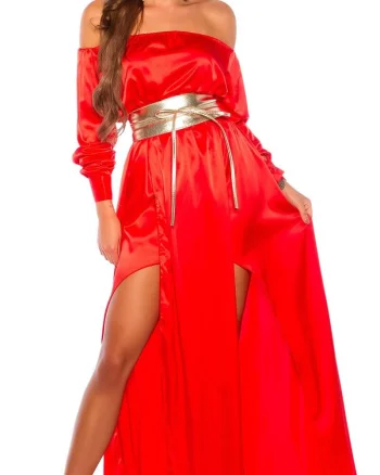 Rochie de ocazie eleganta lunga rosie din satin vaporoasa Gul