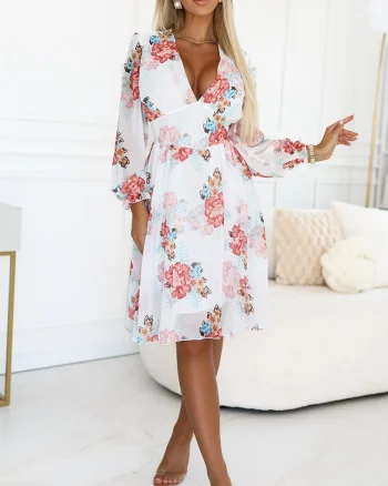 Rochie de vara alba midi cu flori vaporoasa Selma