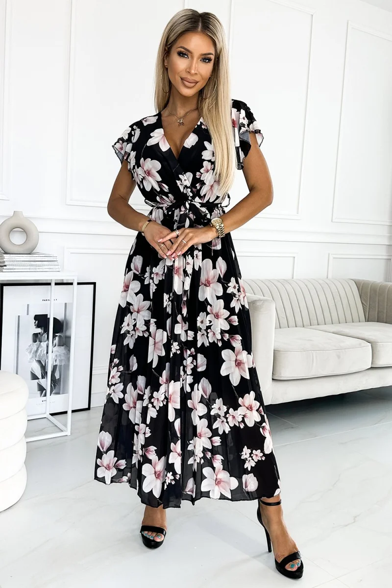 Rochie de vara lunga neagra cu flori ecru vaporoasa plisata Isolda