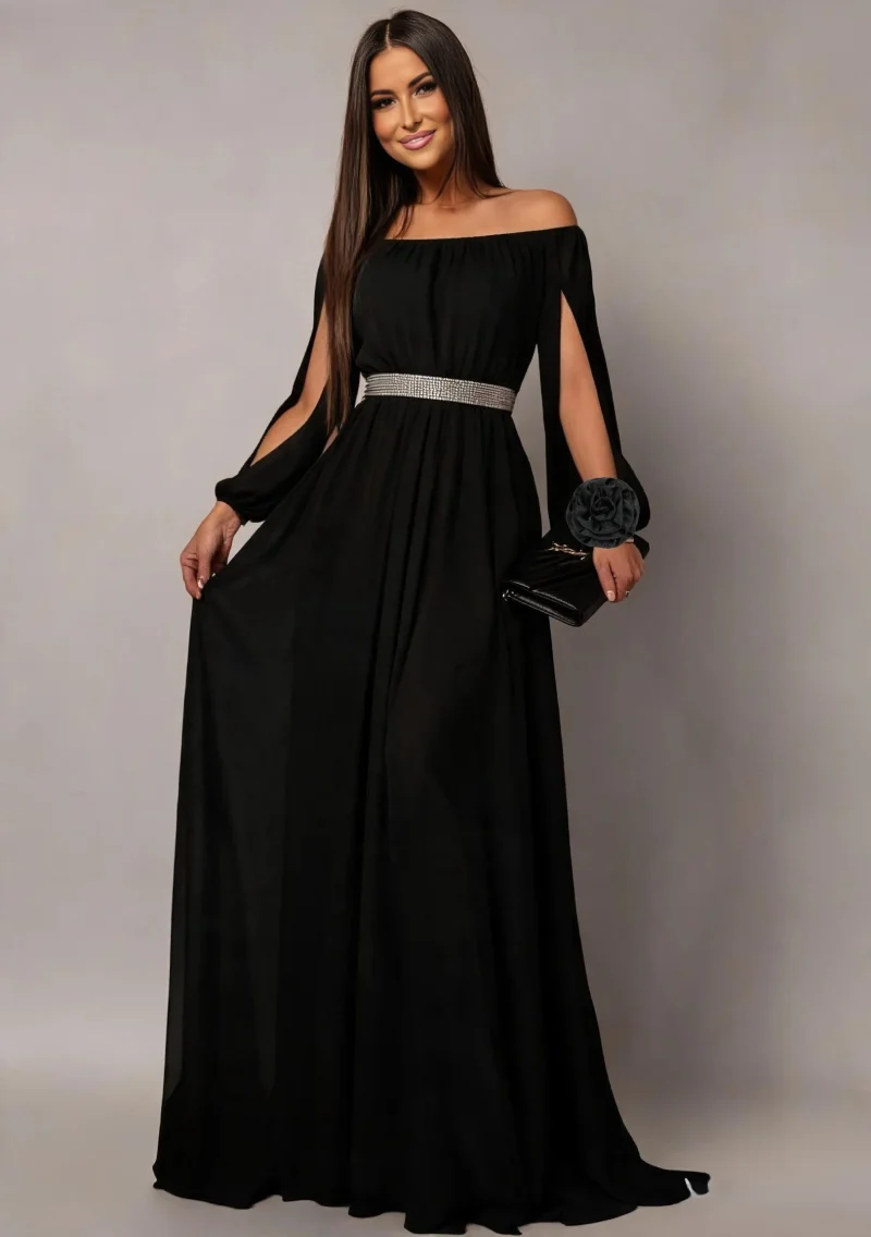 Rochie eleganta lunga neagra din voal vaporoasa Afrodita