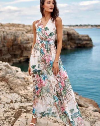 Rochie lunga de vara din chiffon ecru cu flori multicolore vaporoasa Kosima