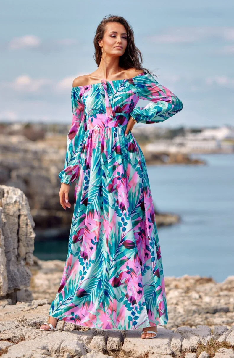 Rochie lunga de vara turcoaz cu flori lila vaporoasa cu maneca lunga si umeri goi Rosalie