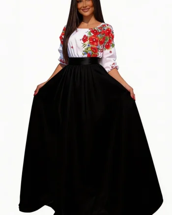 Rochie lunga neagra traditionala din tafta cu maci rosii Anna
