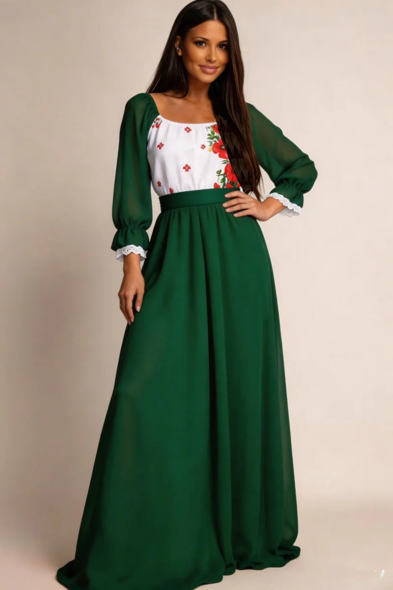 Rochie lunga verde din voal cu motive traditionale pe bust Emanuela