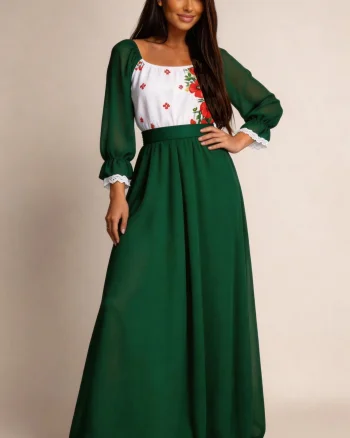 Rochie lunga verde din voal cu motive traditionale pe bust Emanuela