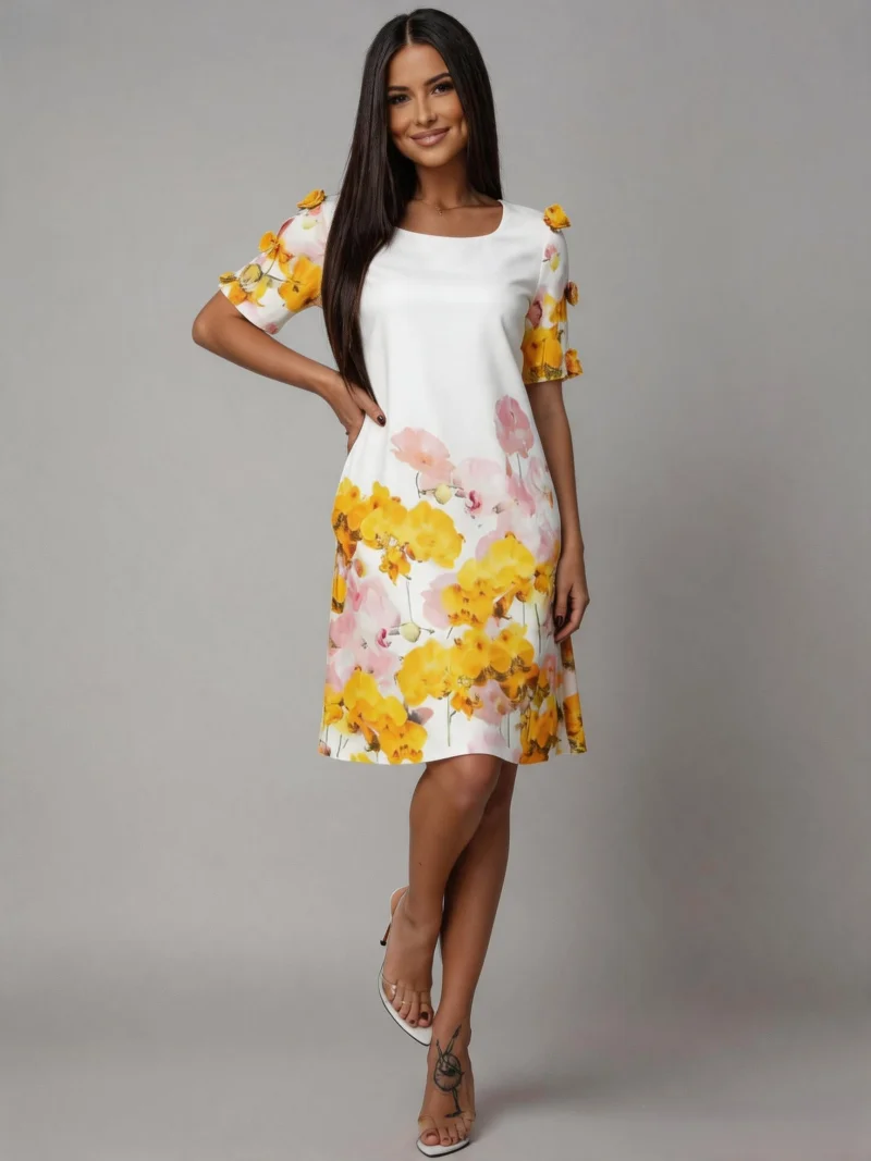 Rochie midi alba cu flori galbene croi A Barbara