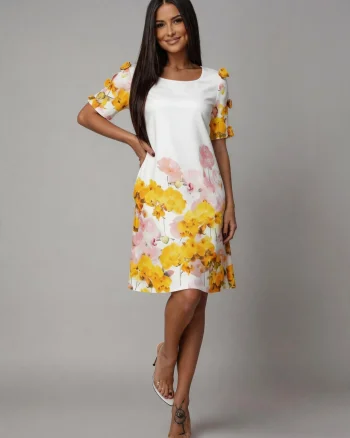 Rochie midi alba cu flori galbene croi A Barbara