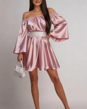 Rochie scurta din satin roz baby doll vaporoasa Merida