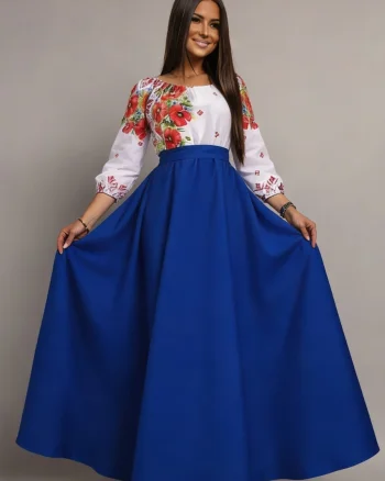 Rochie traditionala lunga din tafta albastra cu maci rosii Anna