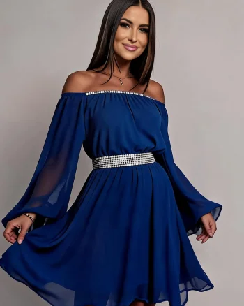 Rochie midi albastra din voal vaporoasa Alexia
