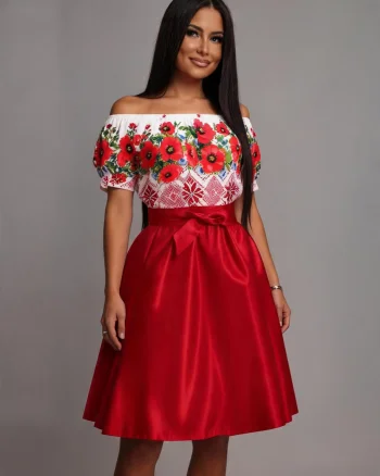 Rochie de zi midi traditionala in clos din tafta rosie cu maci Adana