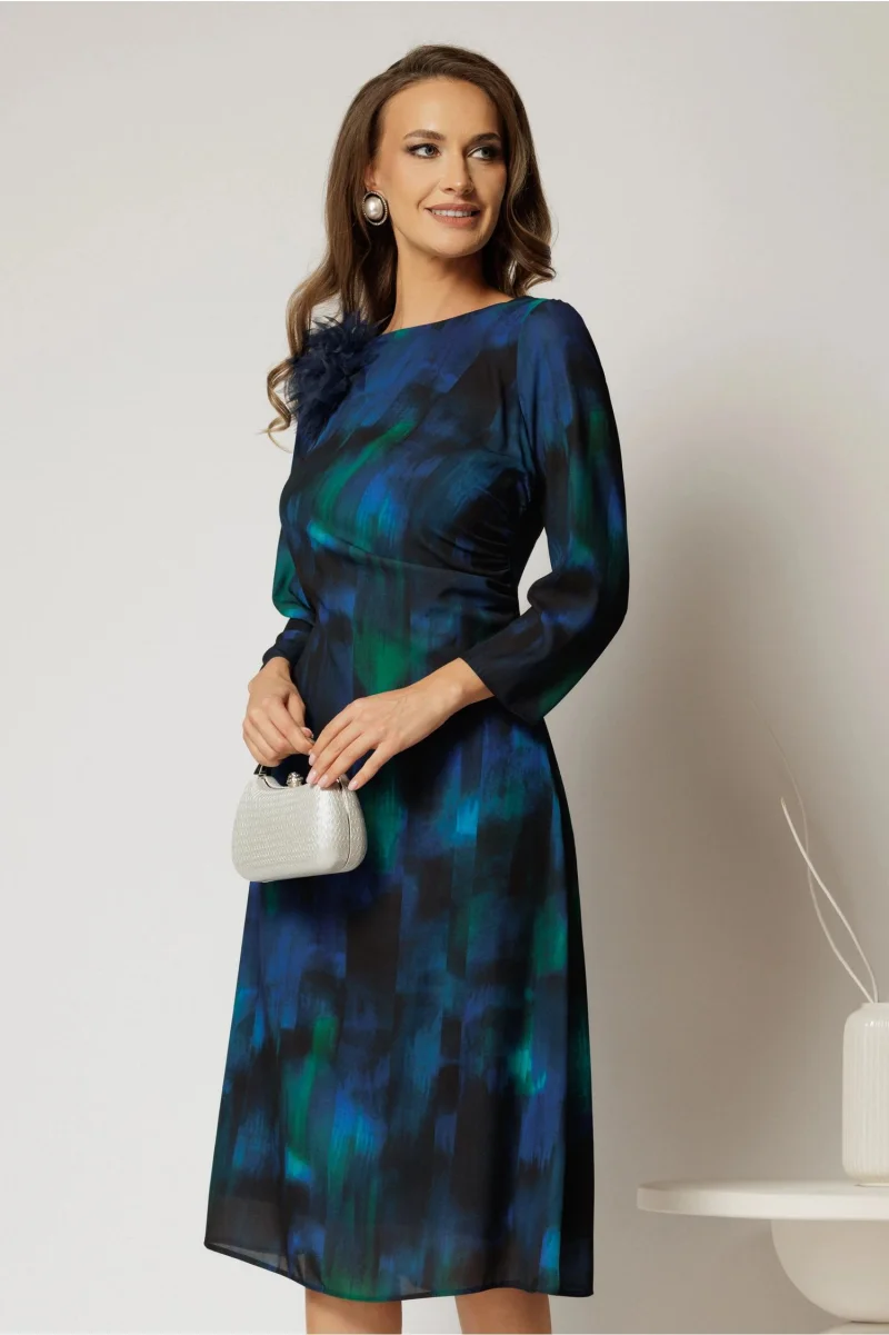Rochie midi din voal turcoaz cu imprimeu verde si floare ampla la decolteu