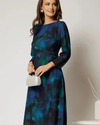 Rochie midi din voal turcoaz cu imprimeu verde si floare ampla la decolteu
