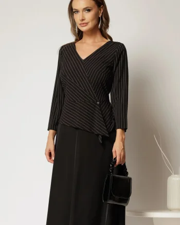 Rochie midi office neagra cu peplum si decolteu in V