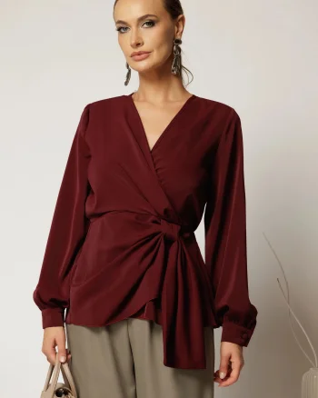 Bluza bordo eleganta cu decolteu petrecut si nod in talie