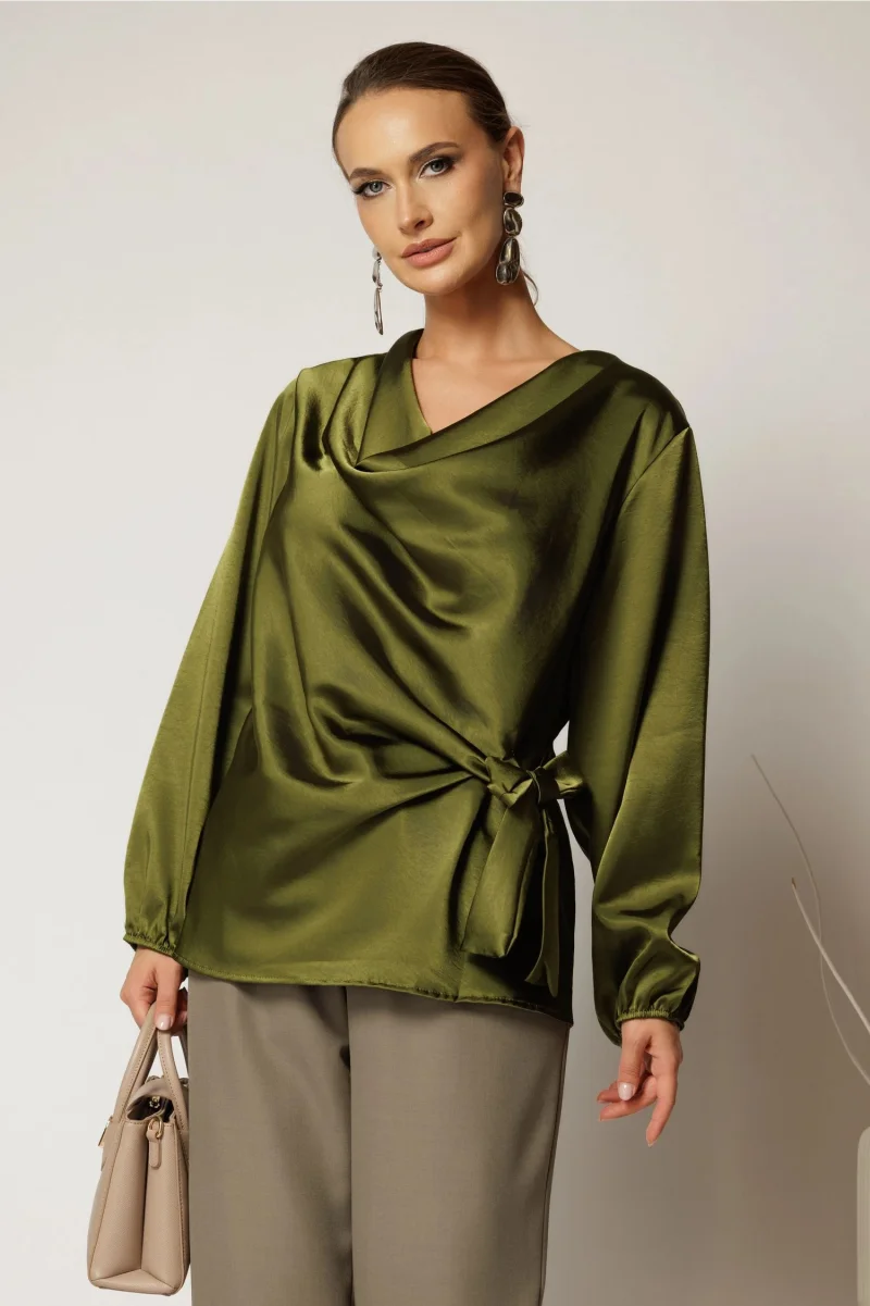 Bluza kaki din satin cu croi lejer si nod in talie