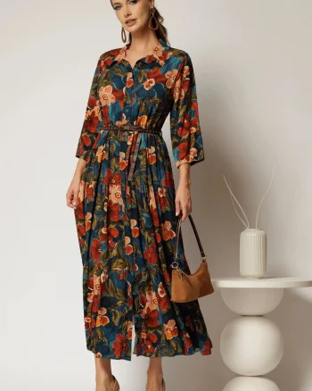 Rochie midi din viscoza albastru turcoaz cu imprimeuri florale si curea in talie