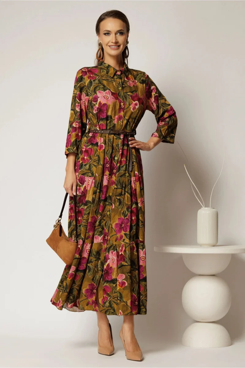 Rochie midi din viscoza kaki cu imprimeuri florale si curea in talie