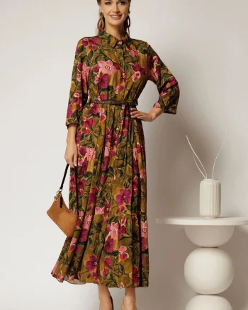 Rochie midi din viscoza kaki cu imprimeuri florale si curea in talie