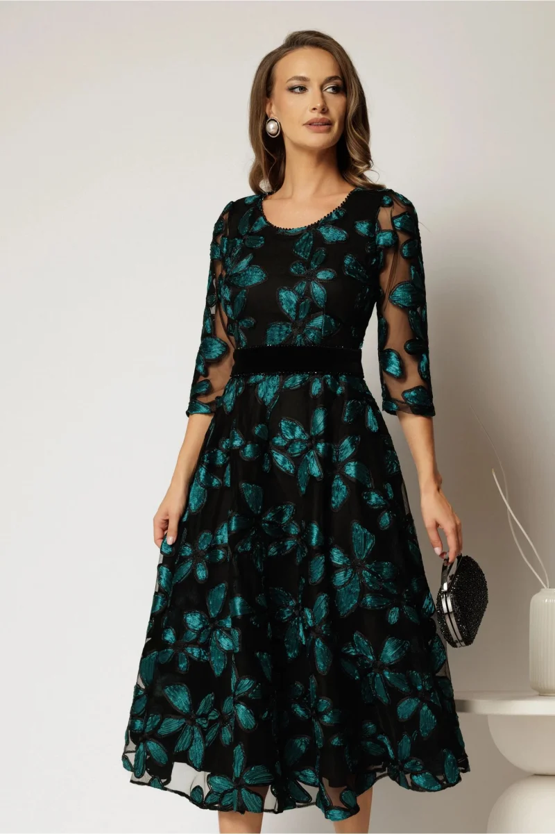Rochie neagra cu imprimeu floral 3D turcoaz si cordon catifelat