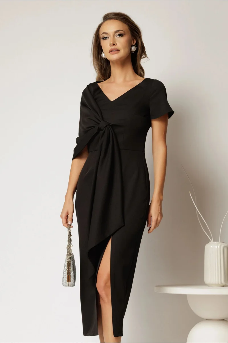 Rochie conica neagra cu funda eleganta supradimensionala