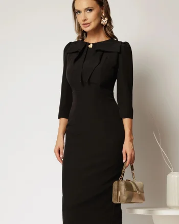Rochie DY Fashion neagra cu croi conic si guler amplu accesorizat