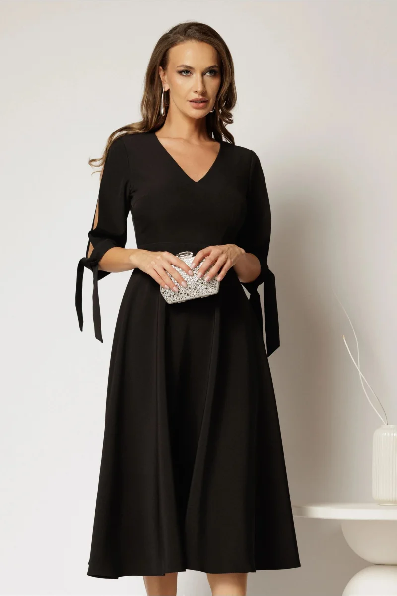 Rochie DY Fashion midi neagra cu decolteu in V si funde la maneci