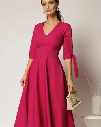 Rochie DY Fashion midi fucsia cu decolteu in V si funde la maneci