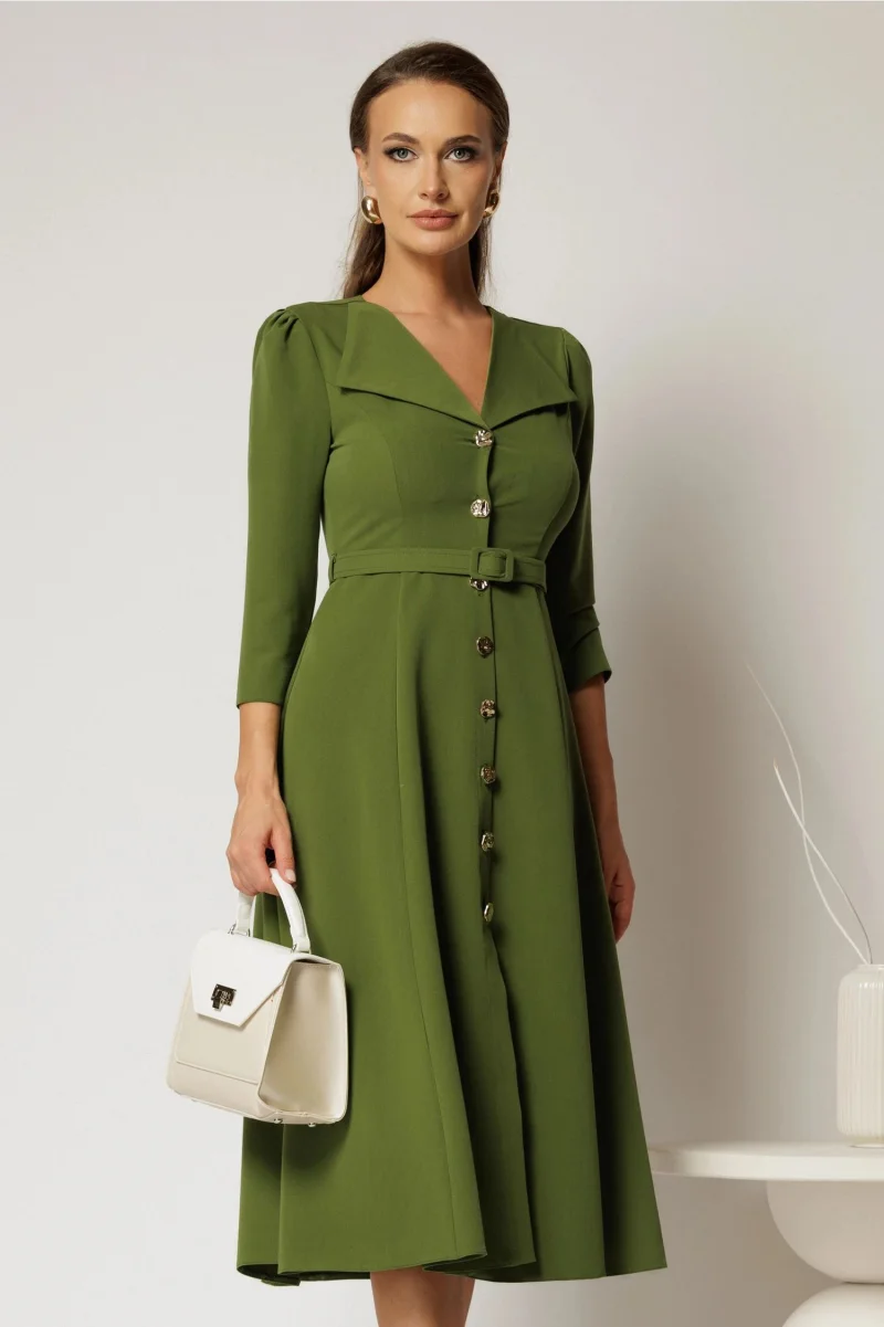 Rochie DY Fashion midi verde fistic cu inchidere cu nasturi si rever amplu