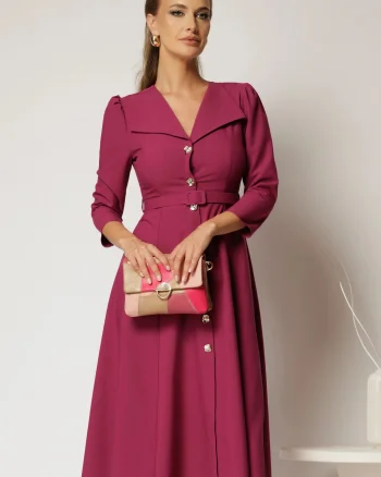 Rochie DY Fashion midi magenta cu inchidere cu nasturi si rever amplu