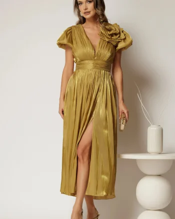 Rochie midi aurie de ocazie din voal peliculizat si detaliu amplu floral