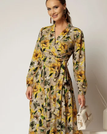 Rochie midi imprimeu floral galben cu aspect petrecut si cordon in talie