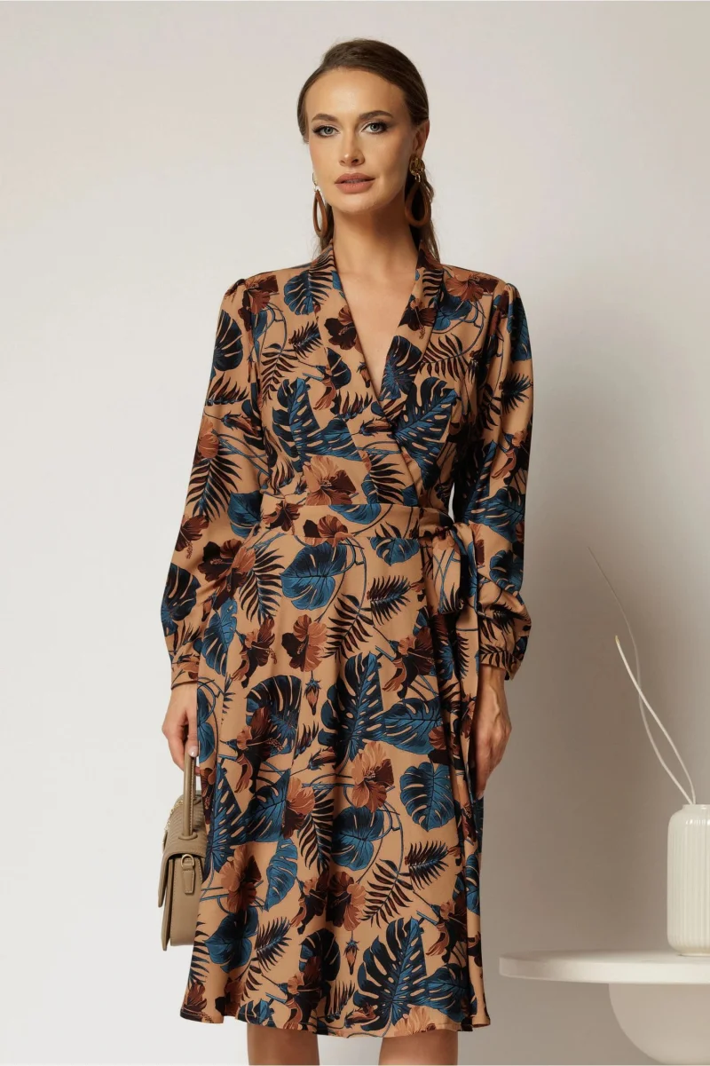 Rochie maro midi imprimeu floral tropical cu aspect petrecut si cordon in talie