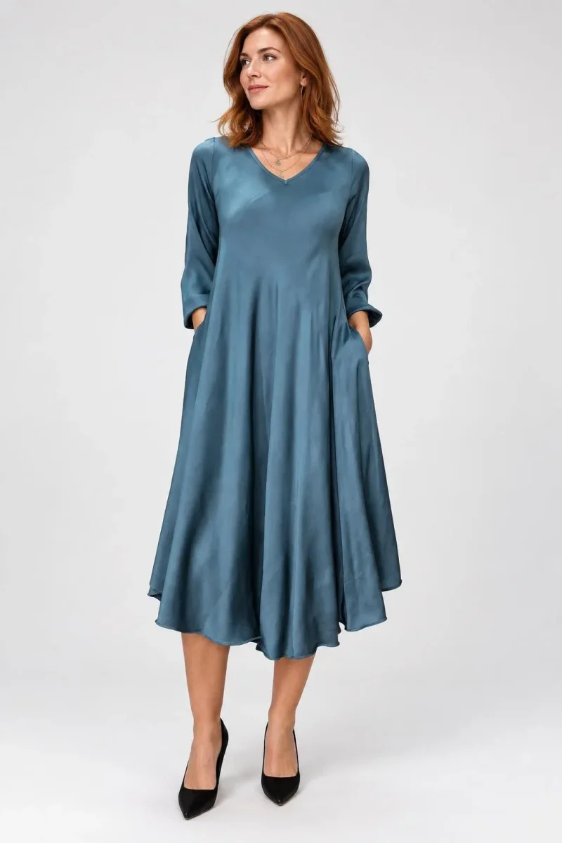 Rochie midi satinata din matase si vascoza cu croi fluid, turcoaz