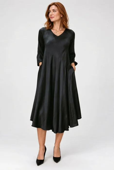 Rochie midi satinata din matase si vascoza cu croi fluid, neagra