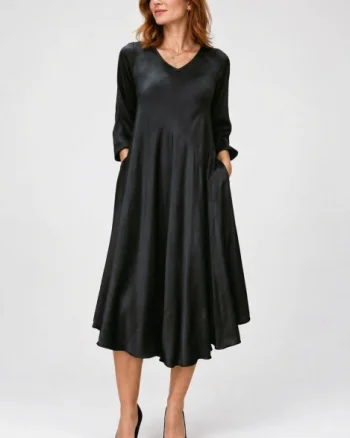 Rochie midi satinata din matase si vascoza cu croi fluid, neagra
