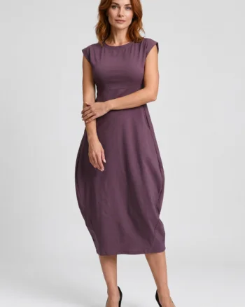 Rochie midi elastica cu croi lalea si buzunare laterale, visinie