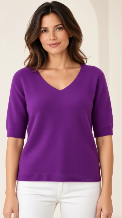 Pulover dama cu maneca scurta raglan si decolteu in V, mov intens