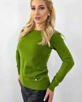 Bluza office accesorizata TERA, cu bumbac si casmir, Verde Kaki, Marime S/M