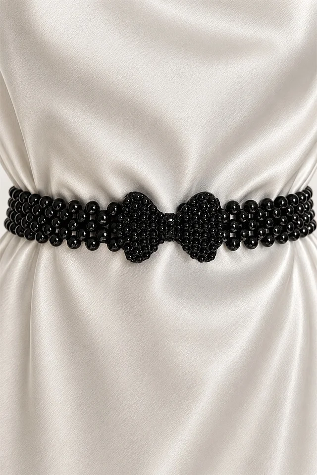 Curea elastica Heritage, cu perle si catarama funda, Black BOW